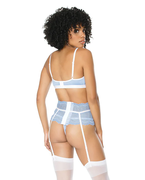 Scallop Stretch Lace Bra, Garter Belt & G-string Light Blue/white - Image 2