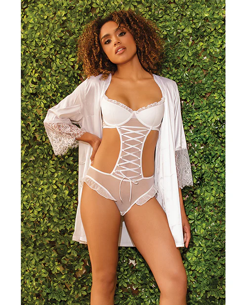 Stretch Mesh Ruffled Crotchless Teddy White - Image 2