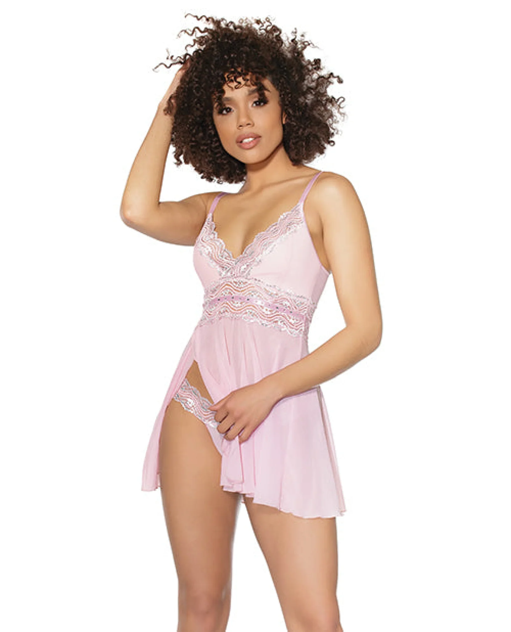 Crystal Pink Babydoll W/lightly Padded Cups & Thong Pink/silver - Image 4