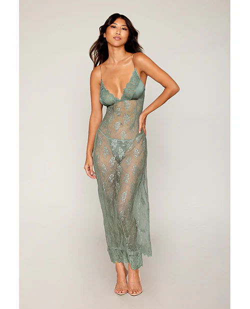 Eyelash Lace & Satin Long Chemise w/G-String - Sage Green - Image 2