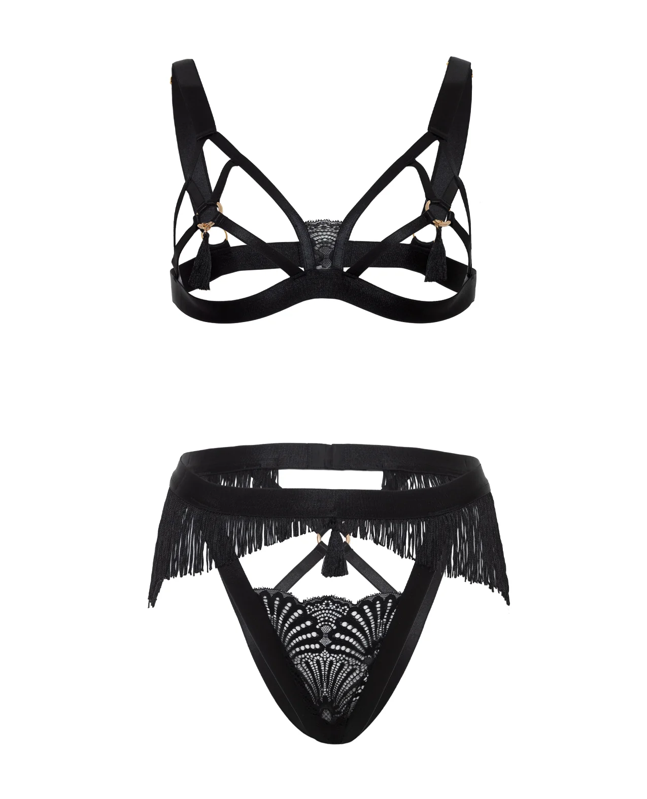 Annika Open Cup 2 pc Set w/Fringe and Tassel Detail - Black - Image 4