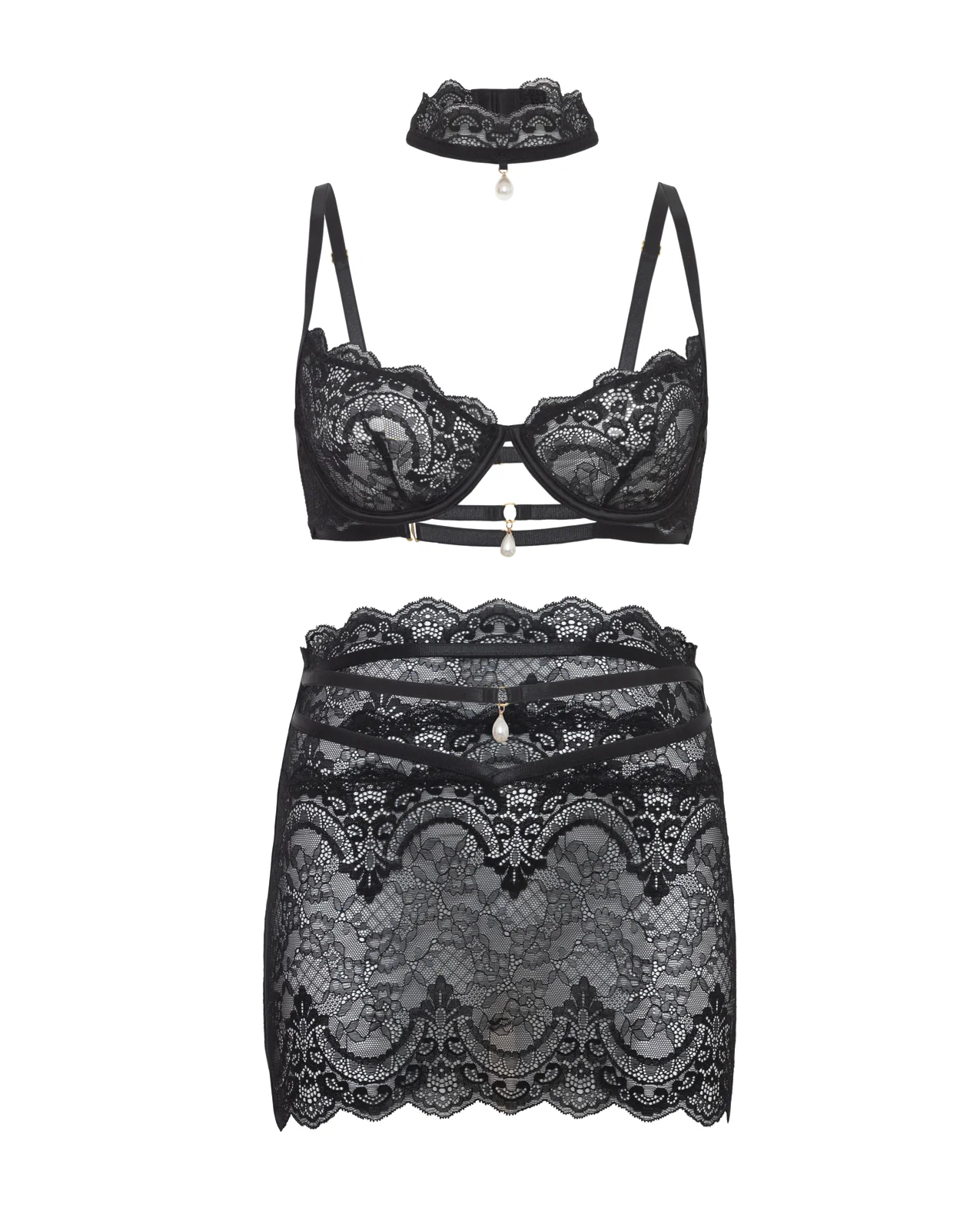 Perla Lace 3 pc Set w/Pearl Details - Black - Image 3