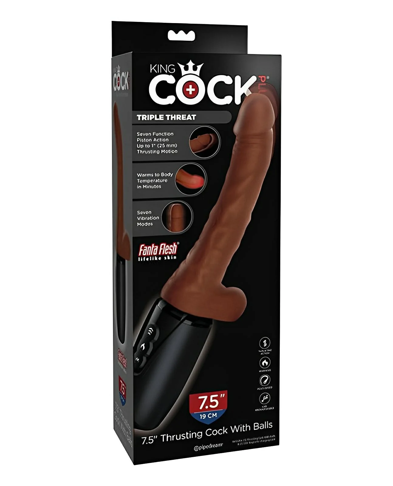 King Cock Plus Thrusting, Warming & Vibrating  7.5" Triple Threat Dong - Brown - Image 3